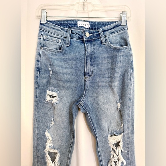 Cello High Rise Straight Leg Destroyed Ankle Length Jeans With Distressed Hem - Picture 5 of 11